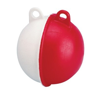 Lalizas spherical surface float, half red and half white, with eyelet on top