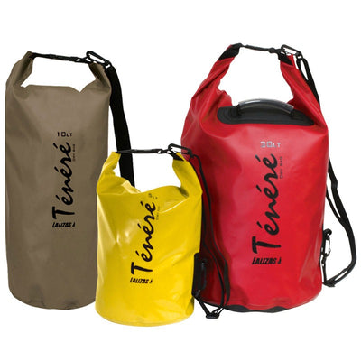 Lalizas Tenere dry bags in sand, yellow and red with shoulder straps