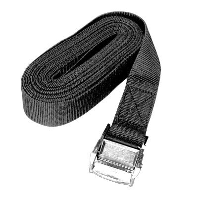 Lalizas black tie-down strap coiled with its padded metal buckle