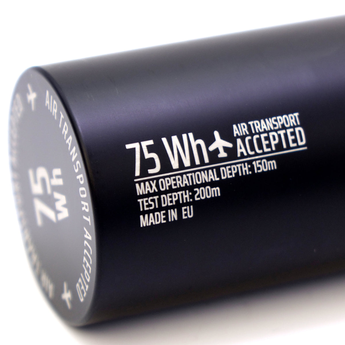 Teclight canister label showing the 150 m operating depth