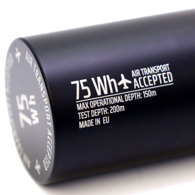 Teclight canister label showing the 150 m operating depth
