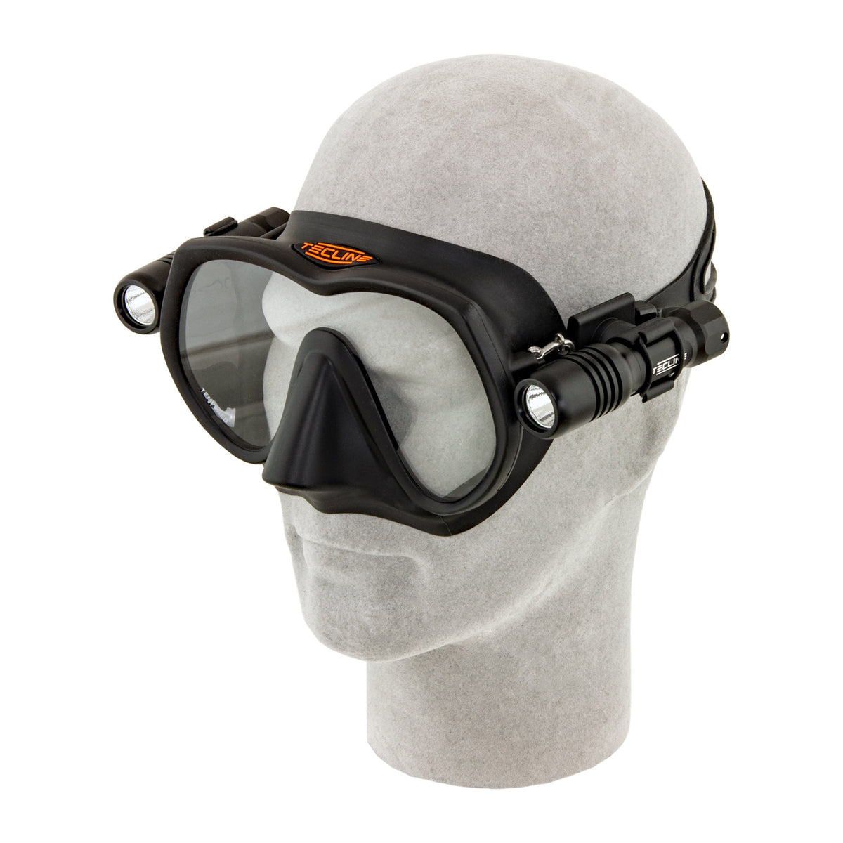 Tecline Mini LED dive light, three-quarter front view