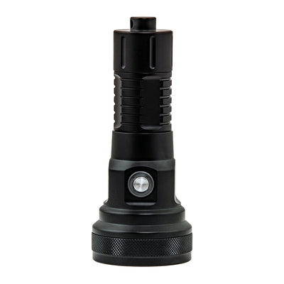 Tecline T2 dive light standing on end, showing the stainless push button