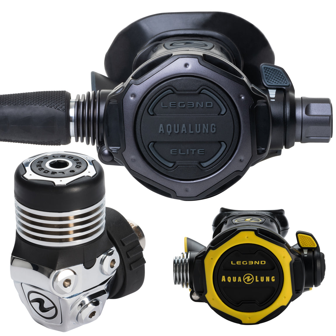 Aqua Lung Leg3nd Elite Black Edition pack laid out, showing the blacked-out second stage, the chrome first stage and the yellow Leg3nd octopus