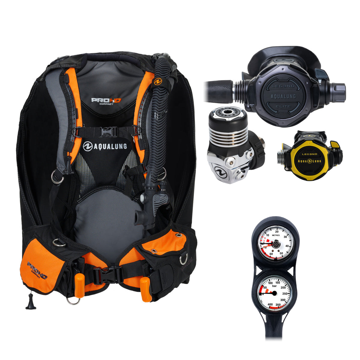 Aqua Lung Pro HD Compact BCD in black and orange, Leg3nd Elite Black Edition regulator with the yellow Leg3nd octopus and two-gauge console