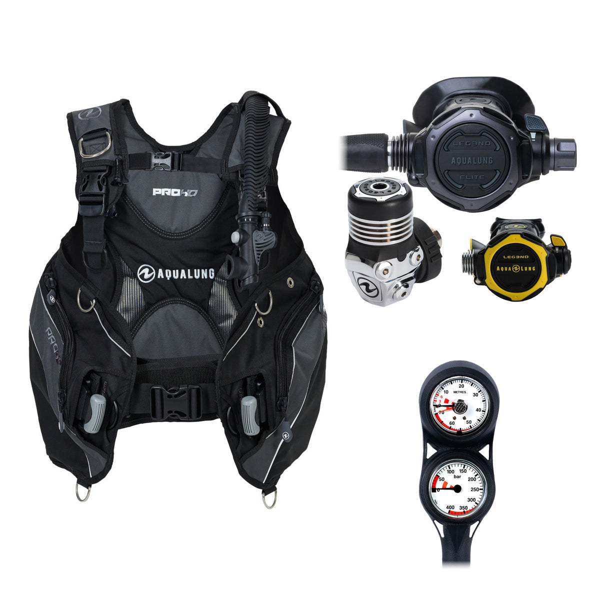 Aqua Lung Pro HD men's BCD in black and grey, Leg3nd Elite Black Edition regulator with the yellow Leg3nd octopus and two-gauge console