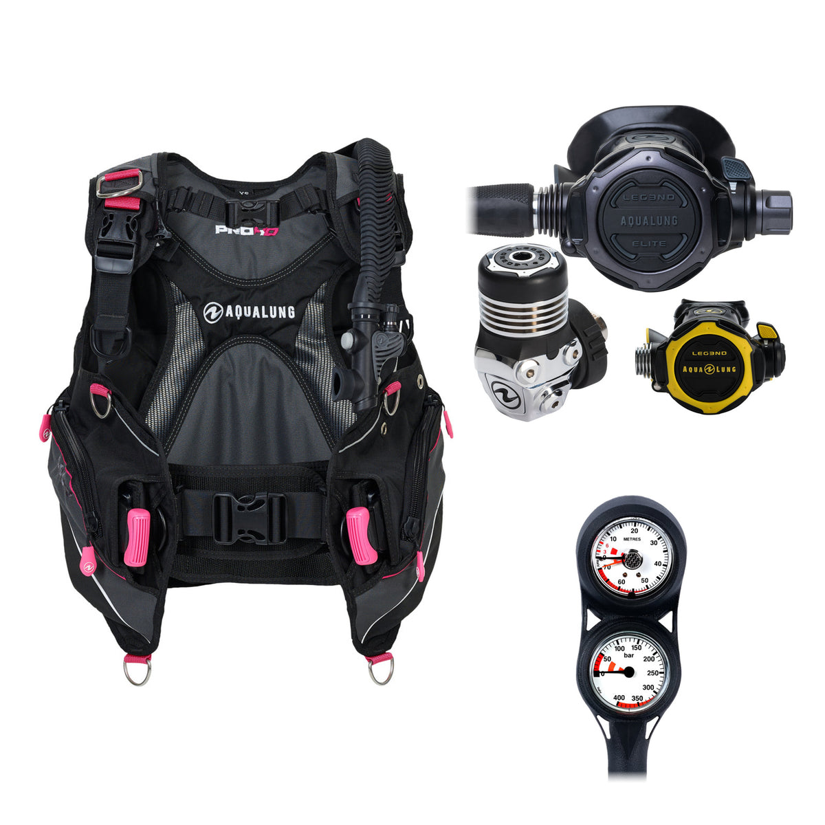 Aqua Lung Pro HD women's BCD in black and pink, Leg3nd Elite Black Edition regulator with the yellow Leg3nd octopus and two-gauge console