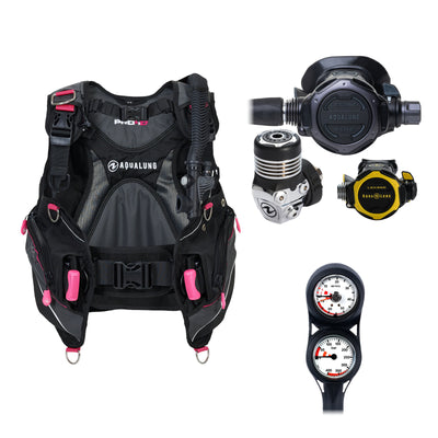 Aqua Lung Pro HD women's BCD in black and pink, Leg3nd Elite Black Edition regulator with the yellow Leg3nd octopus and two-gauge console