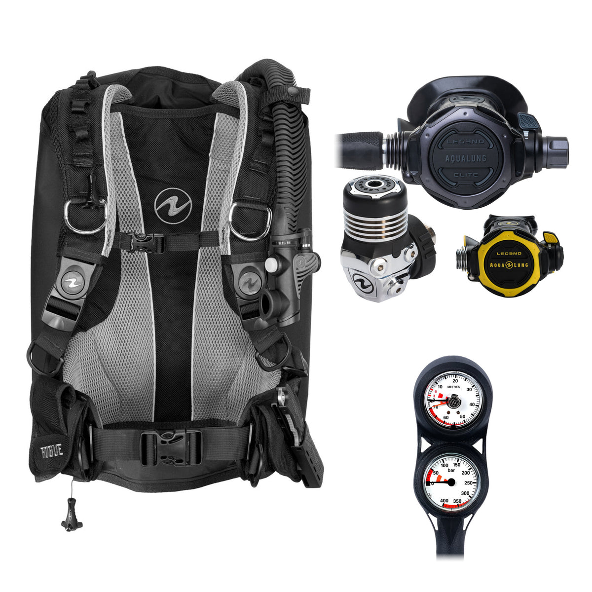 Aqua Lung Rogue BCD in black and grey, Leg3nd Elite Black Edition regulator with the yellow Leg3nd octopus and two-gauge console