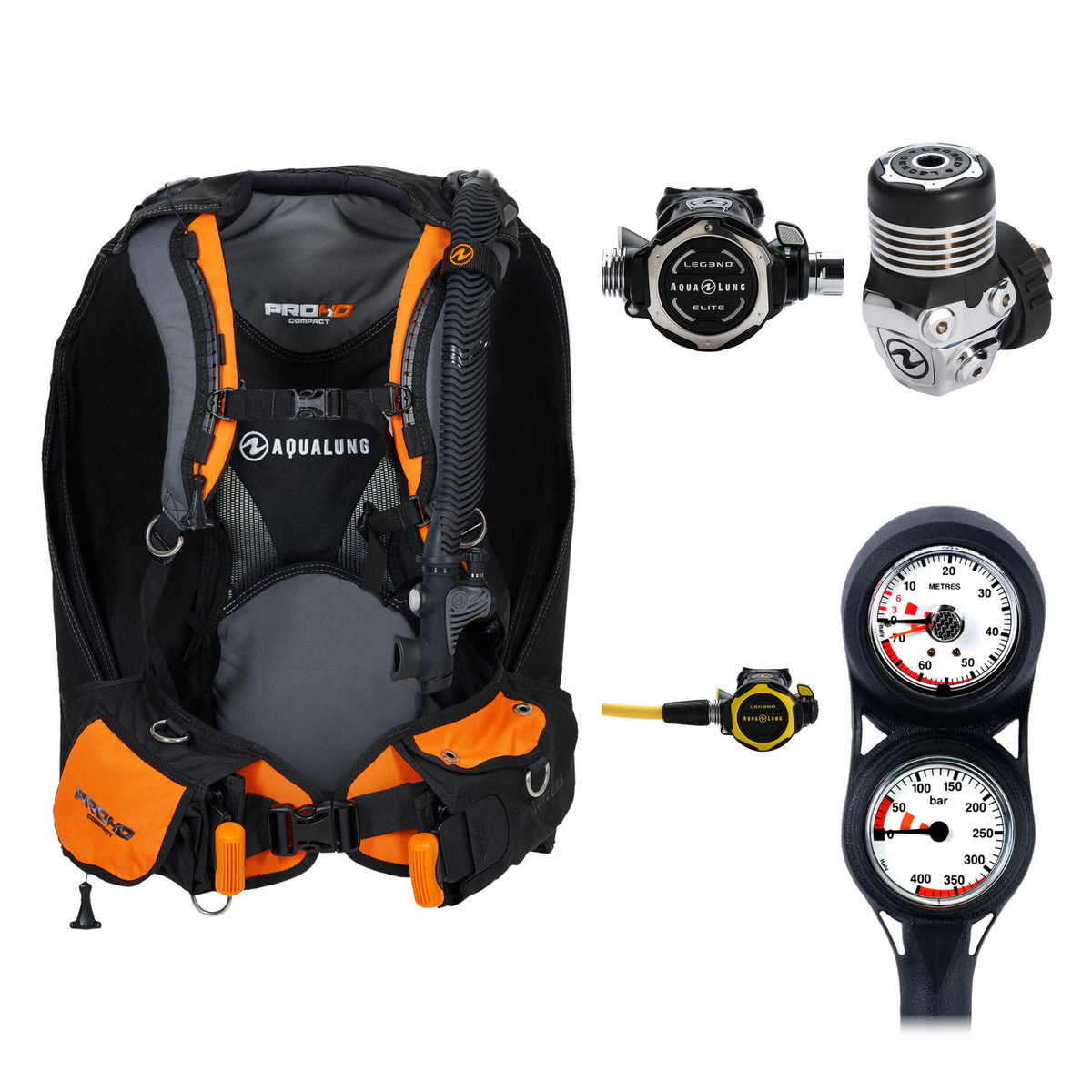 Aqua Lung Pro HD Compact BCD in black and orange, Leg3nd Elite regulator and two-gauge console, with the Leg3nd Octopus octopus