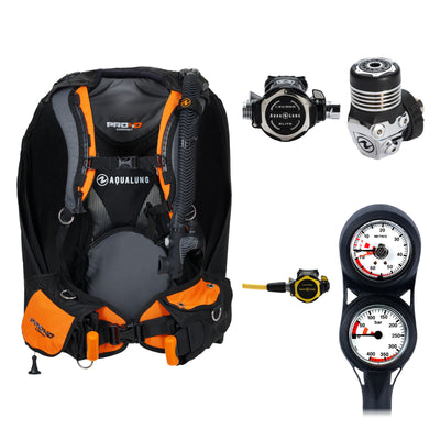 Aqua Lung Pro HD Compact BCD in black and orange, Leg3nd Elite regulator and two-gauge console, with the Leg3nd Octopus octopus