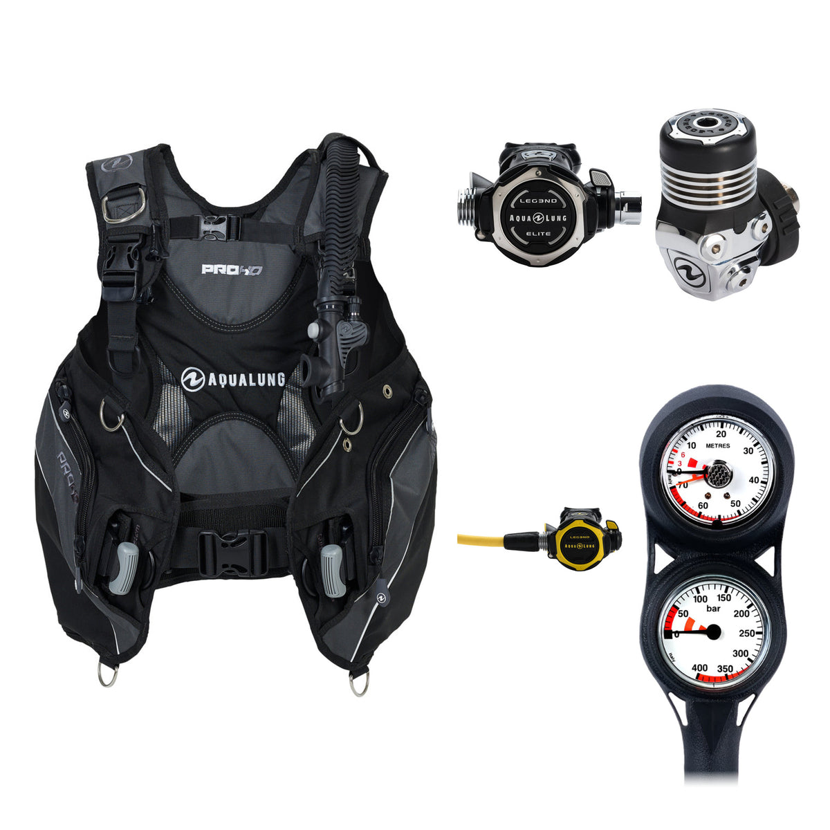 Aqua Lung Pro HD men's BCD in black and grey, Leg3nd Elite regulator and two-gauge console, with the Leg3nd Octopus octopus