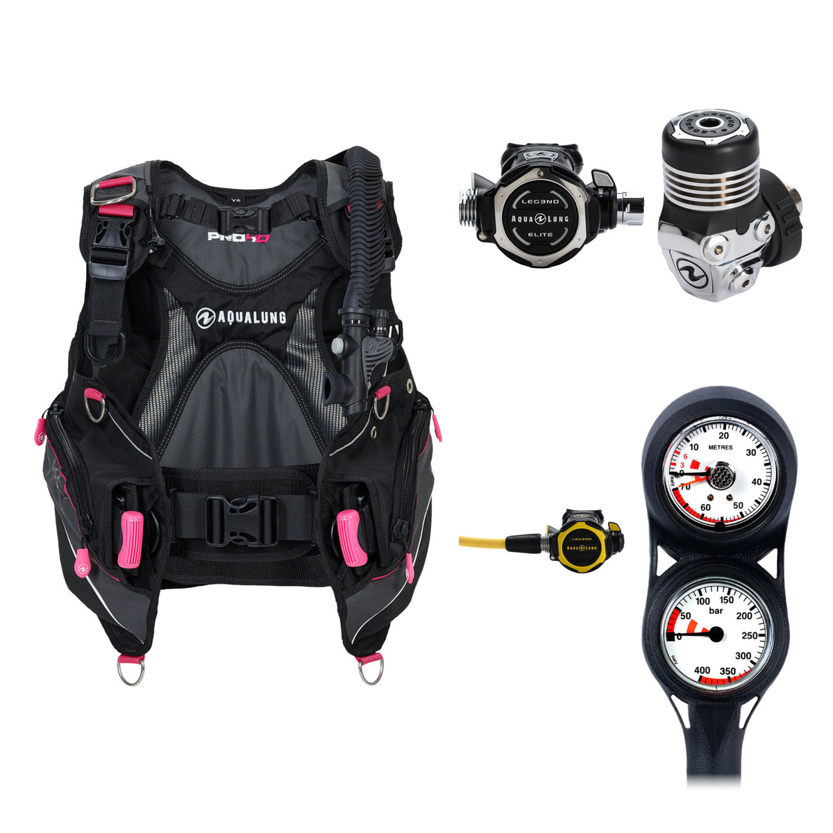 Aqua Lung Pro HD women's BCD in black and pink, Leg3nd Elite regulator and two-gauge console, with the Leg3nd Octopus octopus