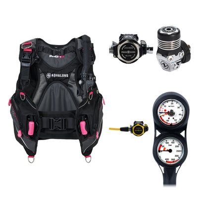 Aqua Lung Pro HD women's BCD in black and pink, Leg3nd Elite regulator and two-gauge console, with the Leg3nd Octopus octopus