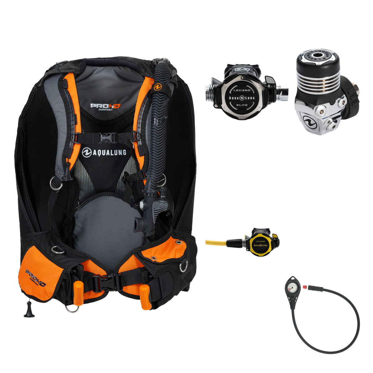 Aqua Lung Pro HD Compact BCD in black and orange, Leg3nd Elite regulator and AL50 pressure gauge, with the Leg3nd octopus