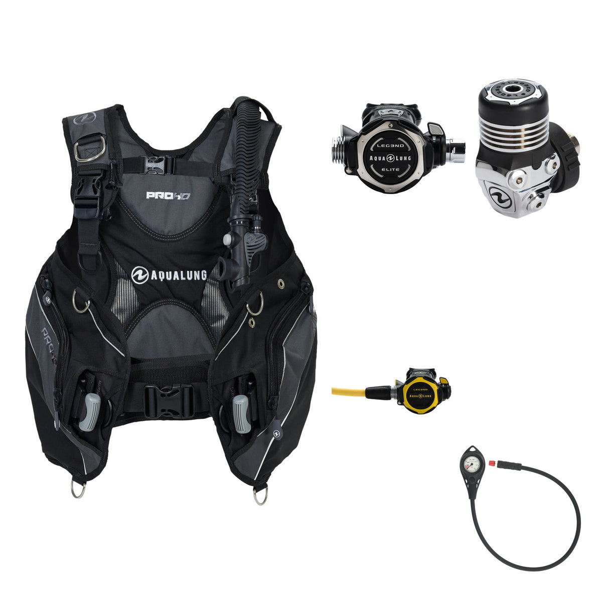 Aqua Lung Pro HD men's BCD in black and grey, Leg3nd Elite regulator and AL50 pressure gauge, with the Leg3nd octopus