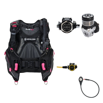 Aqua Lung Pro HD women's BCD in black and pink, Leg3nd Elite regulator and AL50 pressure gauge, with the Leg3nd octopus