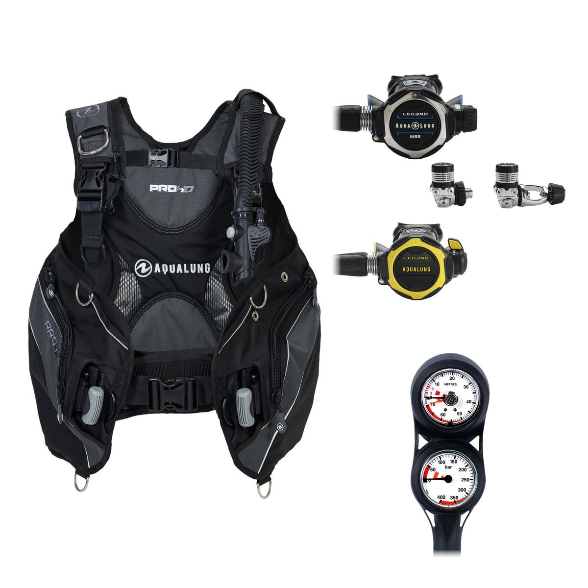 Aqua Lung Pro HD men's BCD in black and grey, Leg3nd MBS regulator with the yellow Leg3nd octopus and two-gauge console