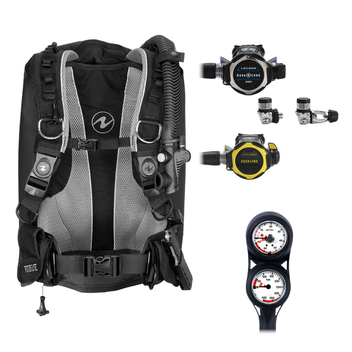Aqua Lung Rogue BCD in black and grey, Leg3nd MBS regulator with the yellow Leg3nd octopus and two-gauge console