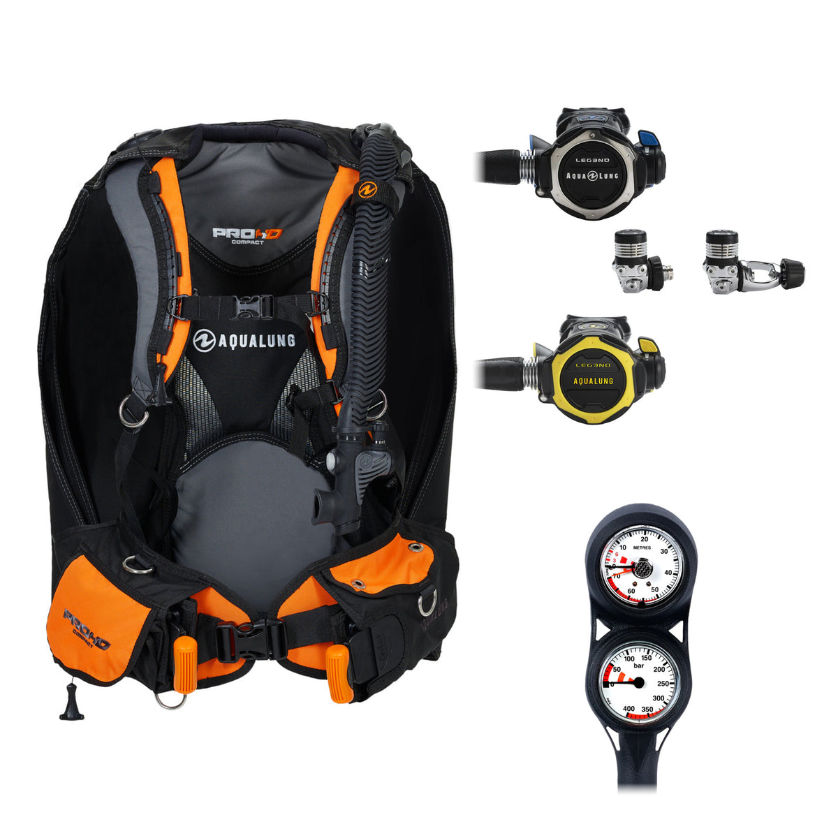 Aqua Lung Pro HD Compact BCD in black and orange, Leg3nd regulator with the yellow Leg3nd octopus and two-gauge console