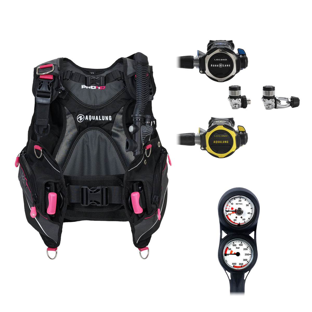 Aqua Lung Pro HD women's BCD in black and pink, Leg3nd regulator with the yellow Leg3nd octopus and two-gauge console