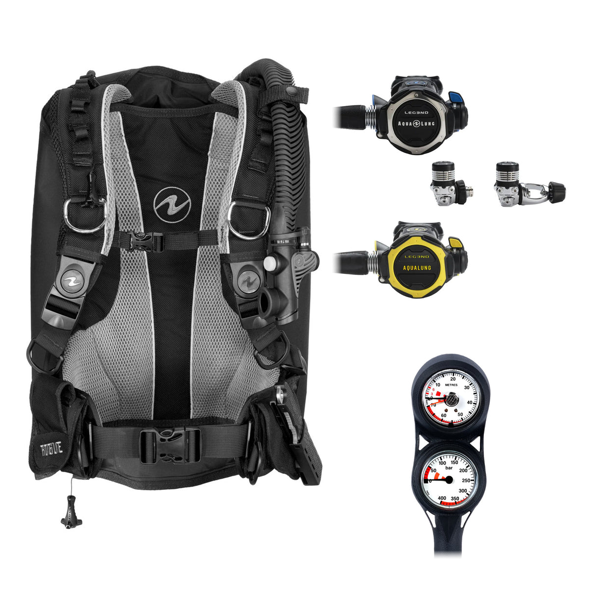Aqua Lung Rogue BCD in black and grey, Leg3nd regulator with the yellow Leg3nd octopus and two-gauge console