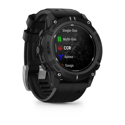 Garmin Descent G2 in black showing the dive mode list with single-gas, multi-gas, CCR, apnea and gauge