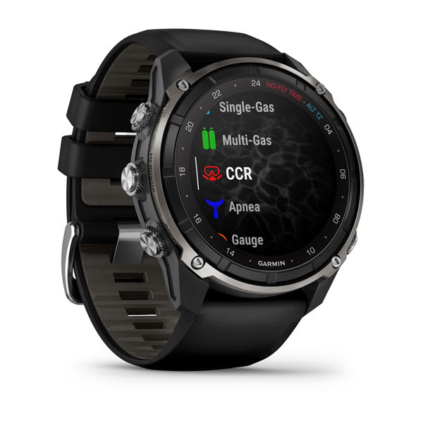 Garmin Descent Mk3i showing the dive mode list with single-gas, multi-gas, CCR, apnea and gauge