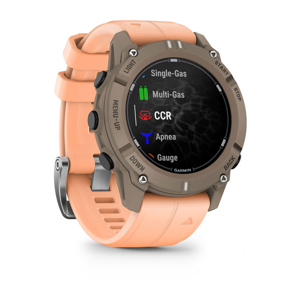 Garmin Descent G2 Paloma with shell pink band showing the dive mode list