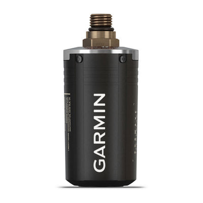 Garmin Descent T2 transceiver standing upright showing the brass high-pressure thread