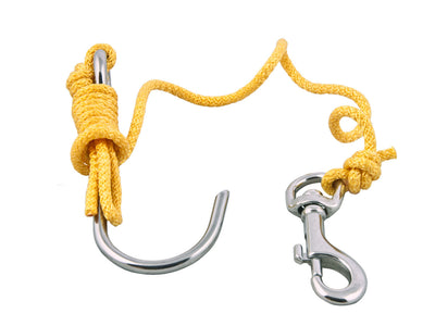 Scubatech reef hook, metal hook and coiled yellow line