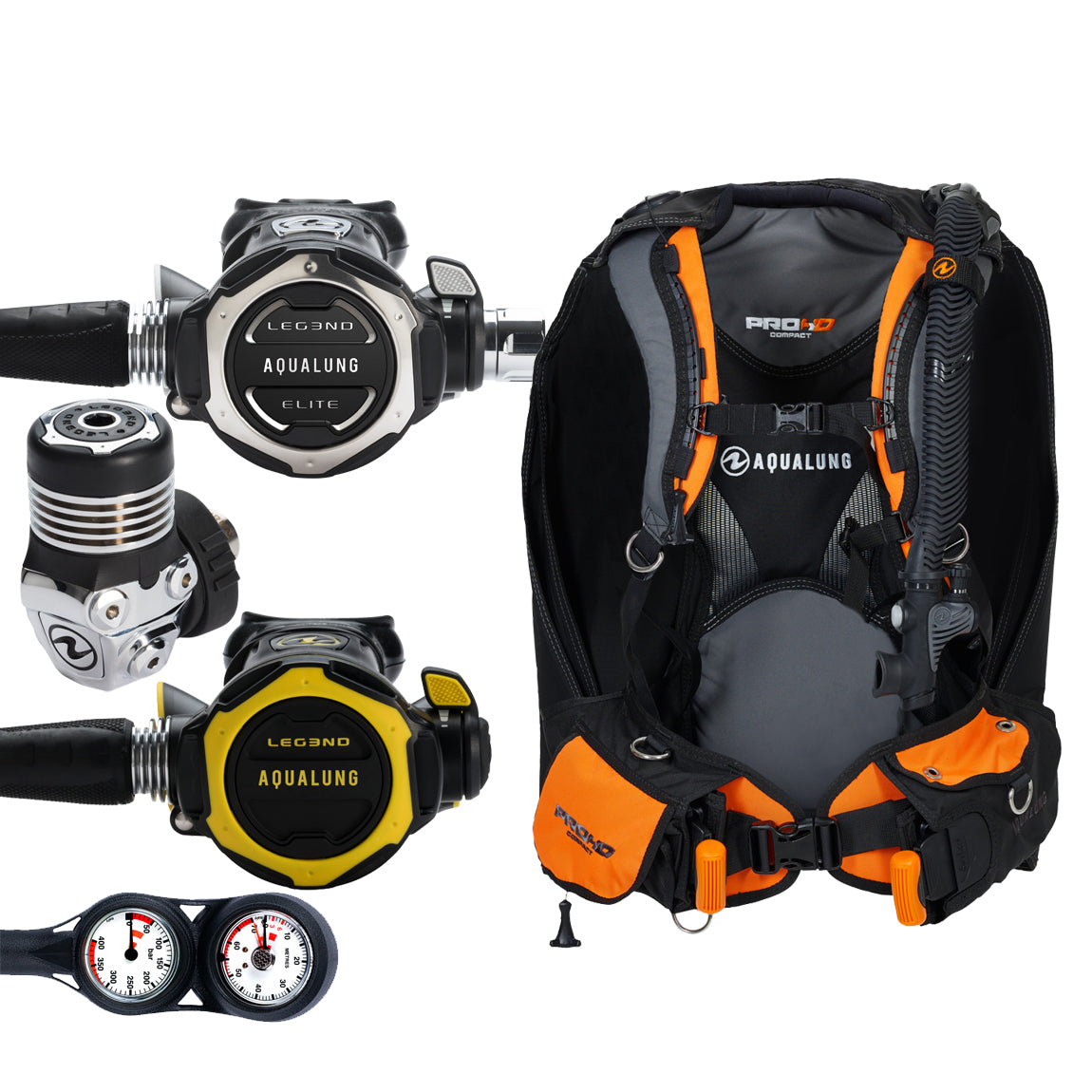 Component montage on white: the Aqua Lung Leg3nd Elite regulator, the yellow Leg3nd octopus and a twin-dial Combo 2K console, beside the Pro HD Compact buoyancy compensator in black and orange.