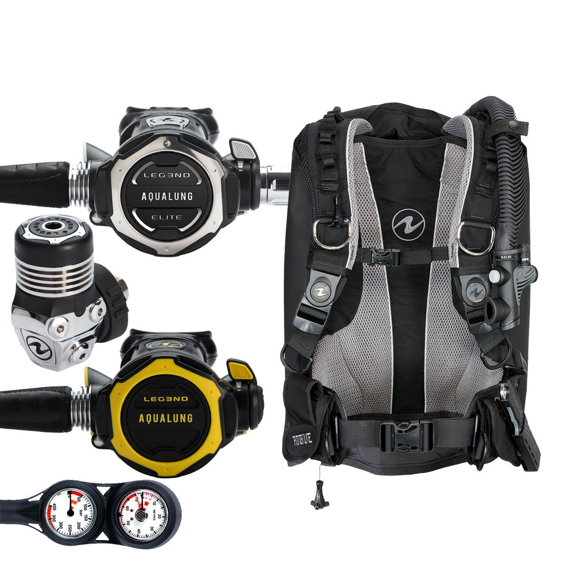 Component montage on white: the Aqua Lung Leg3nd Elite regulator, the yellow Leg3nd octopus and a twin-dial Combo 2K console, beside the Rogue buoyancy compensator in black with a grey backpad.