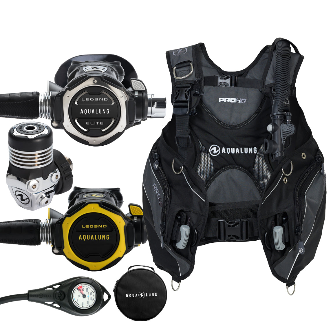 Component montage on white: the Aqua Lung Leg3nd Elite Pro Pack regulator, the yellow Leg3nd octopus, a single pressure gauge and the round Aqua Lung regulator bag, beside the Pro HD Men buoyancy compensator in black and grey.