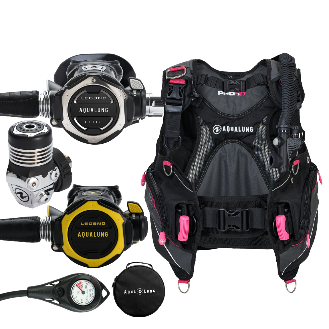 Component montage on white: the Aqua Lung Leg3nd Elite Pro Pack regulator, the yellow Leg3nd octopus, a single pressure gauge and the round Aqua Lung regulator bag, beside the Pro HD Women buoyancy compensator in black with pink trim.