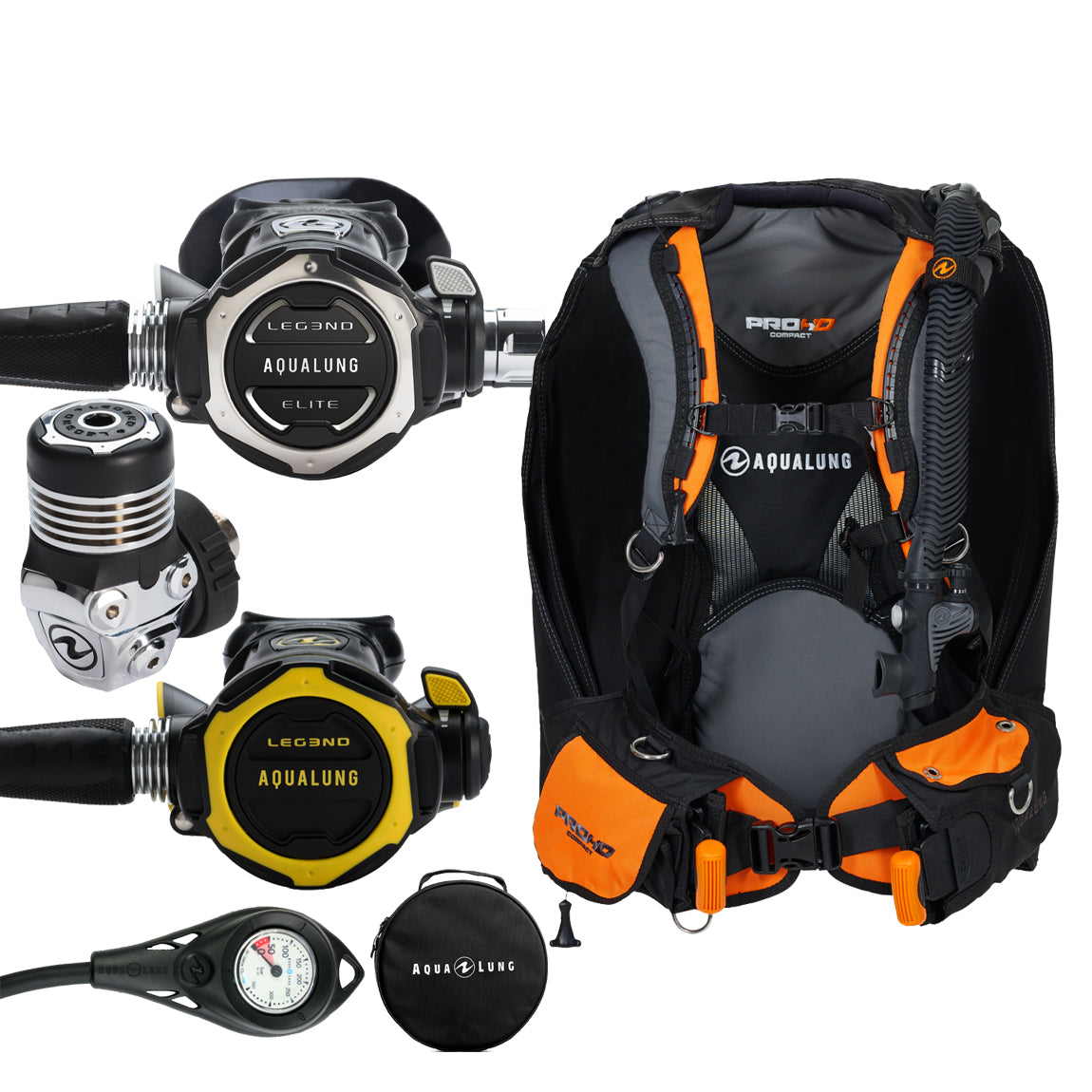 Component montage on white: the Aqua Lung Leg3nd Elite Pro Pack regulator, the yellow Leg3nd octopus, a single pressure gauge and the round Aqua Lung regulator bag, beside the Pro HD Compact buoyancy compensator in black and orange.