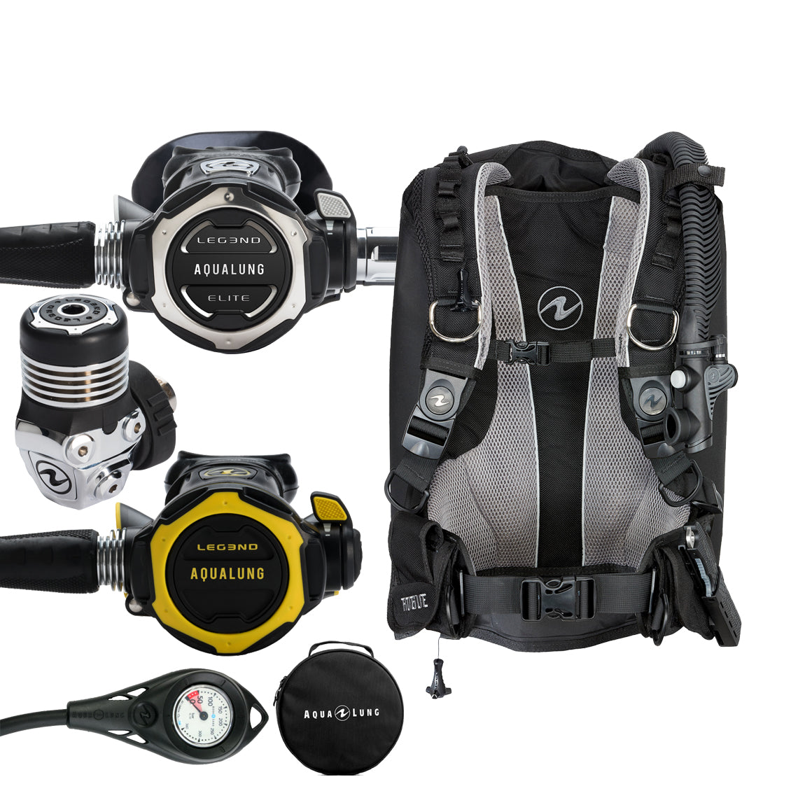 Component montage on white: the Aqua Lung Leg3nd Elite Pro Pack regulator, the yellow Leg3nd octopus, a single pressure gauge and the round Aqua Lung regulator bag, beside the Rogue buoyancy compensator in black with a grey backpad.