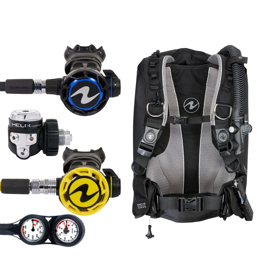 Component montage on white: the Aqua Lung Helix Compact regulator, the yellow Helix octopus and a twin-dial Combo 2K console, beside the Rogue buoyancy compensator in black with a grey backpad.