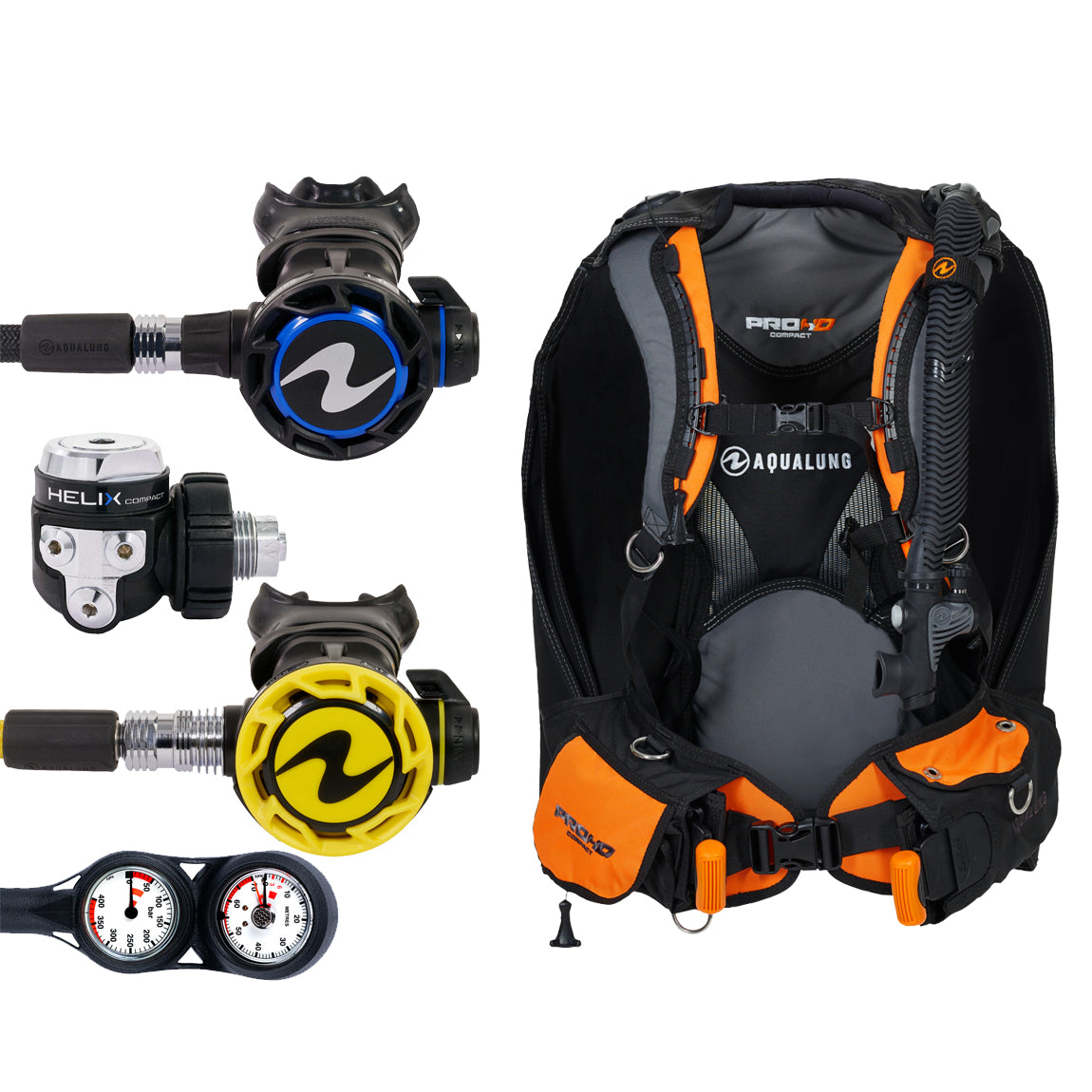 Component montage on white: the Aqua Lung Helix Compact regulator, the yellow Helix octopus and a twin-dial Combo 2K console, beside the Pro HD Compact buoyancy compensator in black and orange.