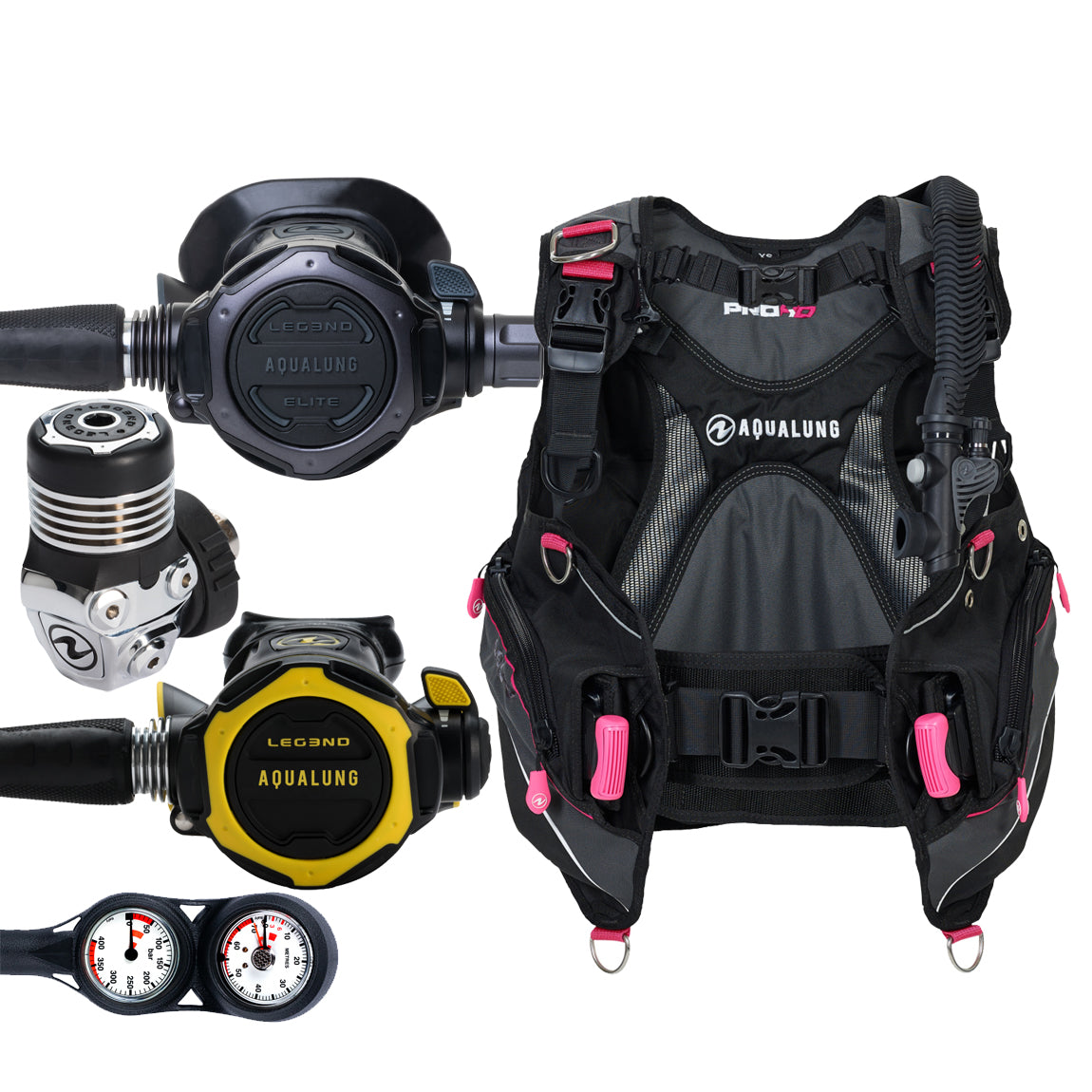 Component montage on white: the Aqua Lung Leg3nd Elite Black regulator, the yellow Leg3nd octopus and a twin-dial Combo 2K console, beside the Pro HD Women buoyancy compensator in black with pink trim.