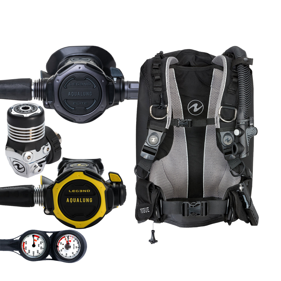 Component montage on white: the Aqua Lung Leg3nd Elite Black regulator, the yellow Leg3nd octopus and a twin-dial Combo 2K console, beside the Rogue buoyancy compensator in black with a grey backpad.