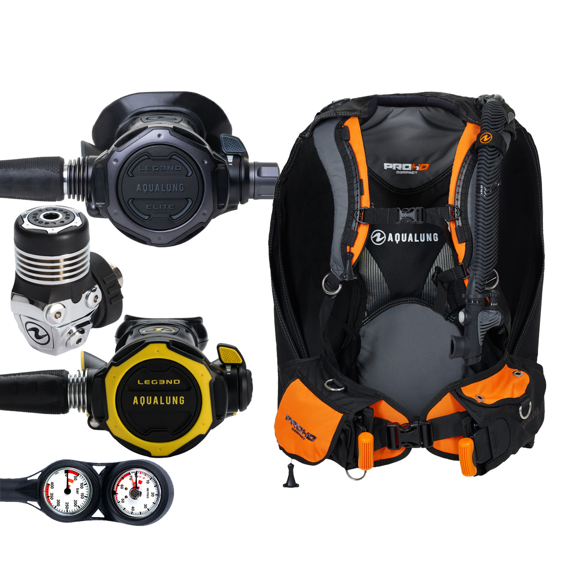 Component montage on white: the Aqua Lung Leg3nd Elite Black regulator, the yellow Leg3nd octopus and a twin-dial Combo 2K console, beside the Pro HD Compact buoyancy compensator in black and orange.