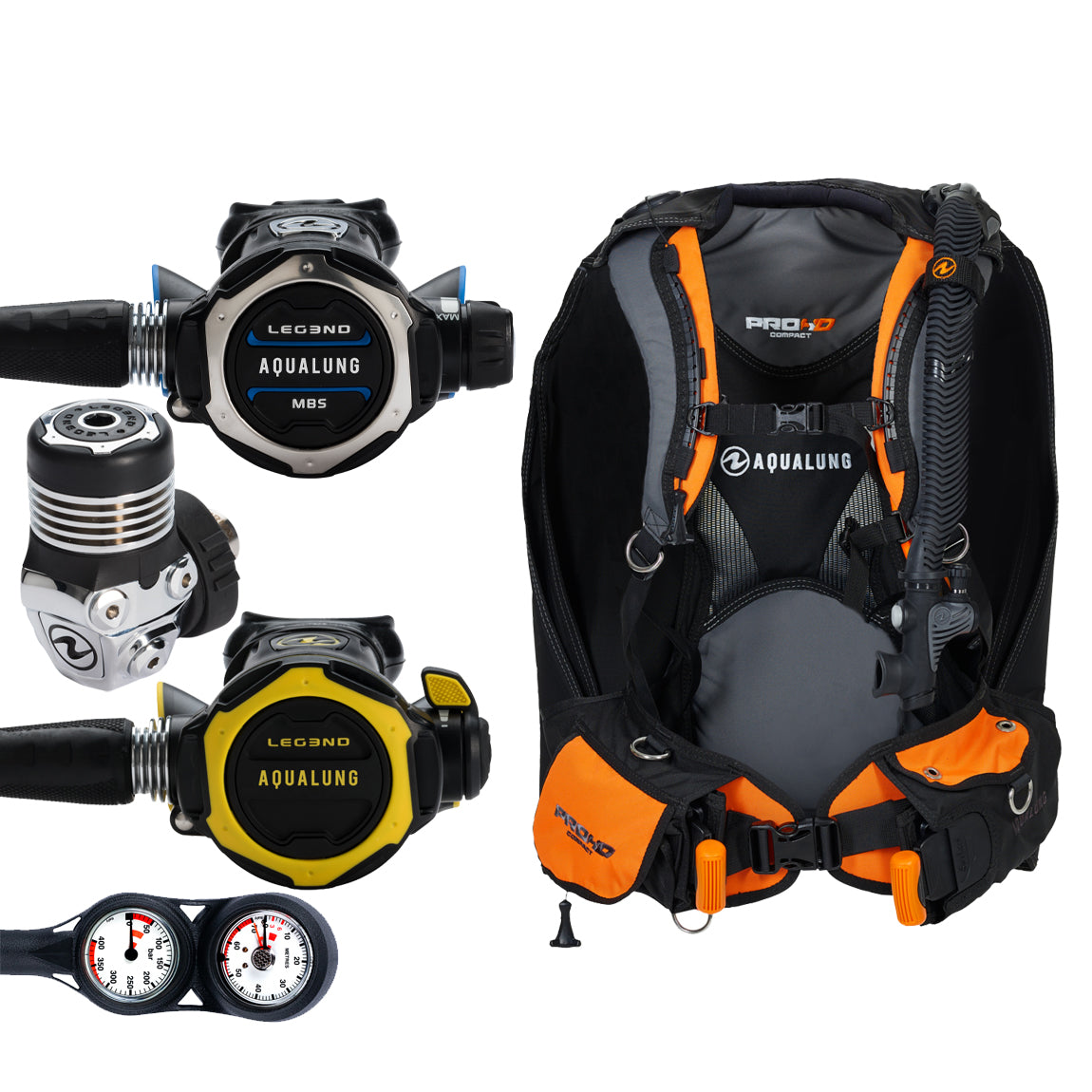 Component montage on white: the Aqua Lung Leg3nd MBS regulator, the yellow Leg3nd octopus and a twin-dial Combo 2K console, beside the Pro HD Compact buoyancy compensator in black and orange.