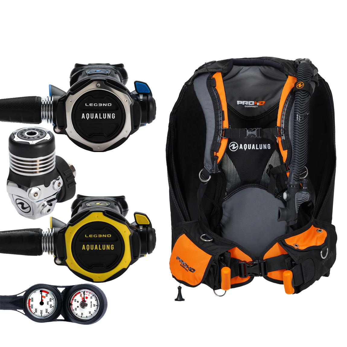 Component montage on white: the Aqua Lung Leg3nd regulator, the yellow Leg3nd octopus and a twin-dial Combo 2K console, beside the Pro HD Compact buoyancy compensator in black and orange.