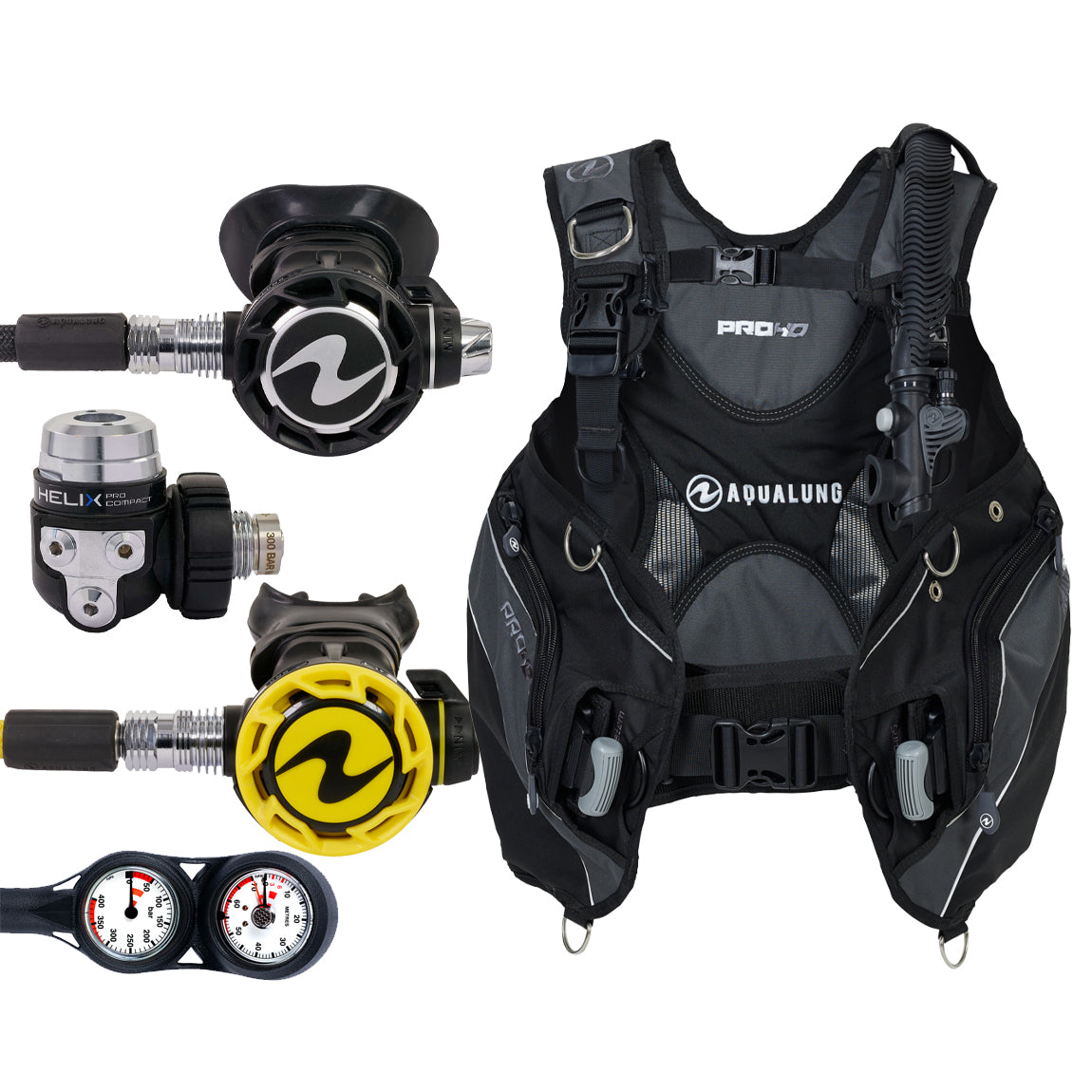 Component montage on white: the Aqua Lung Helix Compact Pro regulator, the yellow Helix octopus and a twin-dial Combo 2K console, beside the Pro HD Men buoyancy compensator in black and grey.