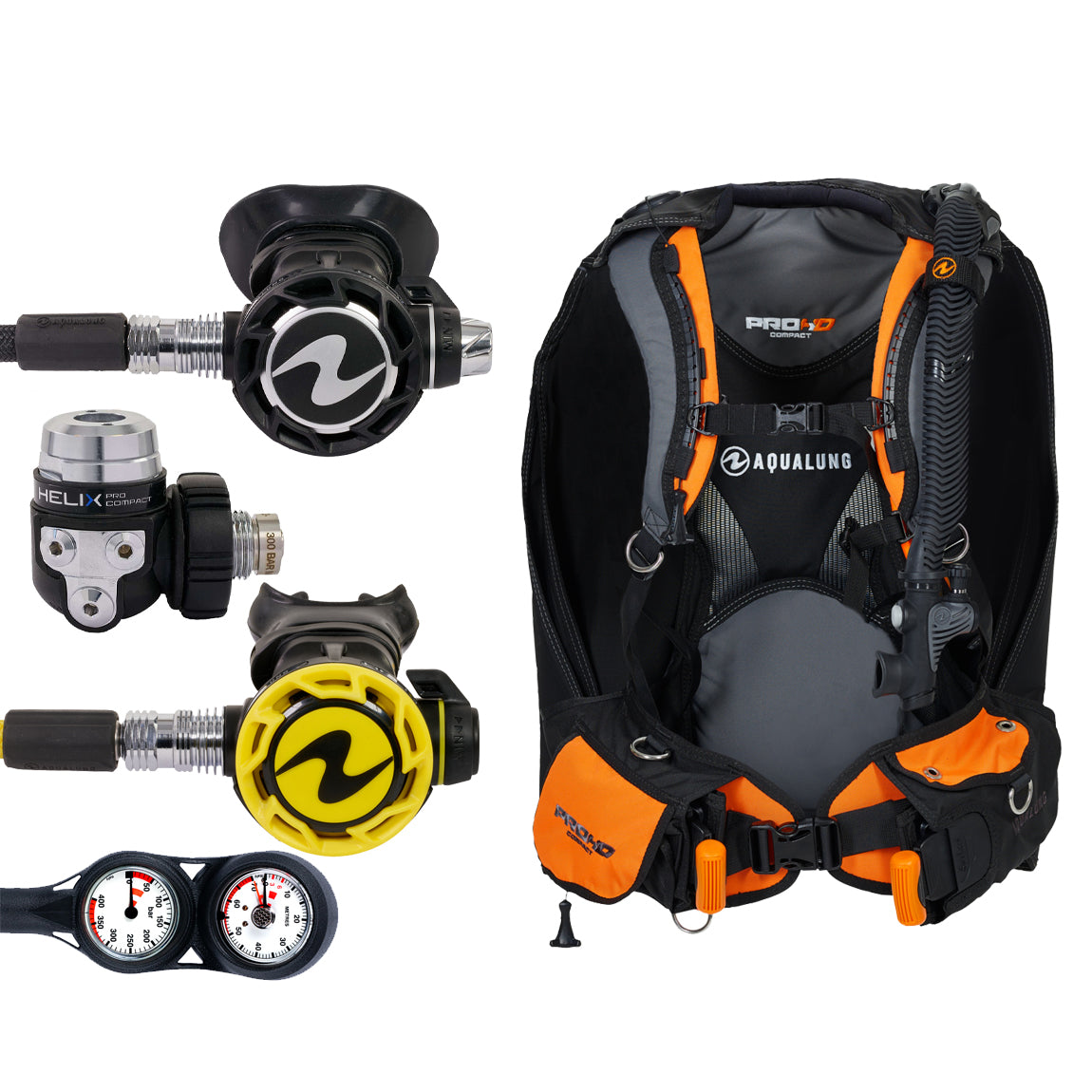 Component montage on white: the Aqua Lung Helix Compact Pro regulator, the yellow Helix octopus and a twin-dial Combo 2K console, beside the Pro HD Compact buoyancy compensator in black and orange.