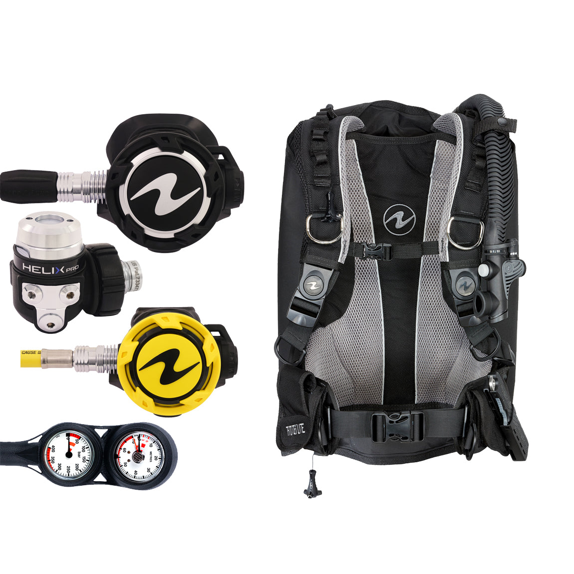 Component montage on white: the Aqua Lung Helix Pro regulator, the yellow Helix octopus and a twin-dial Combo 2K console, beside the Rogue buoyancy compensator in black with a grey backpad.