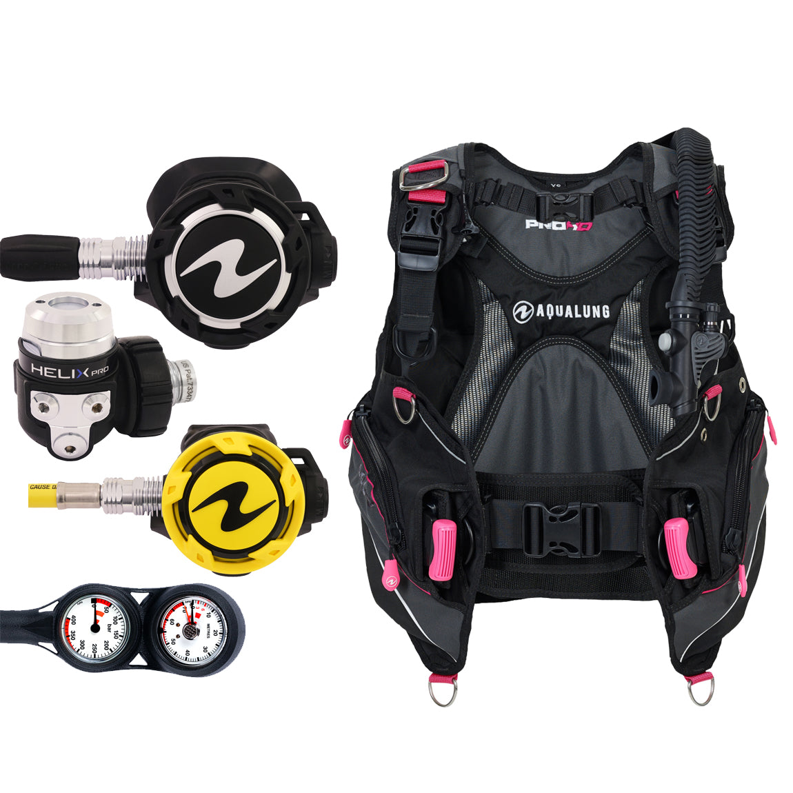 Component montage on white: the Aqua Lung Helix Pro regulator, the yellow Helix octopus and a twin-dial Combo 2K console, beside the Pro HD Women buoyancy compensator in black with pink trim.