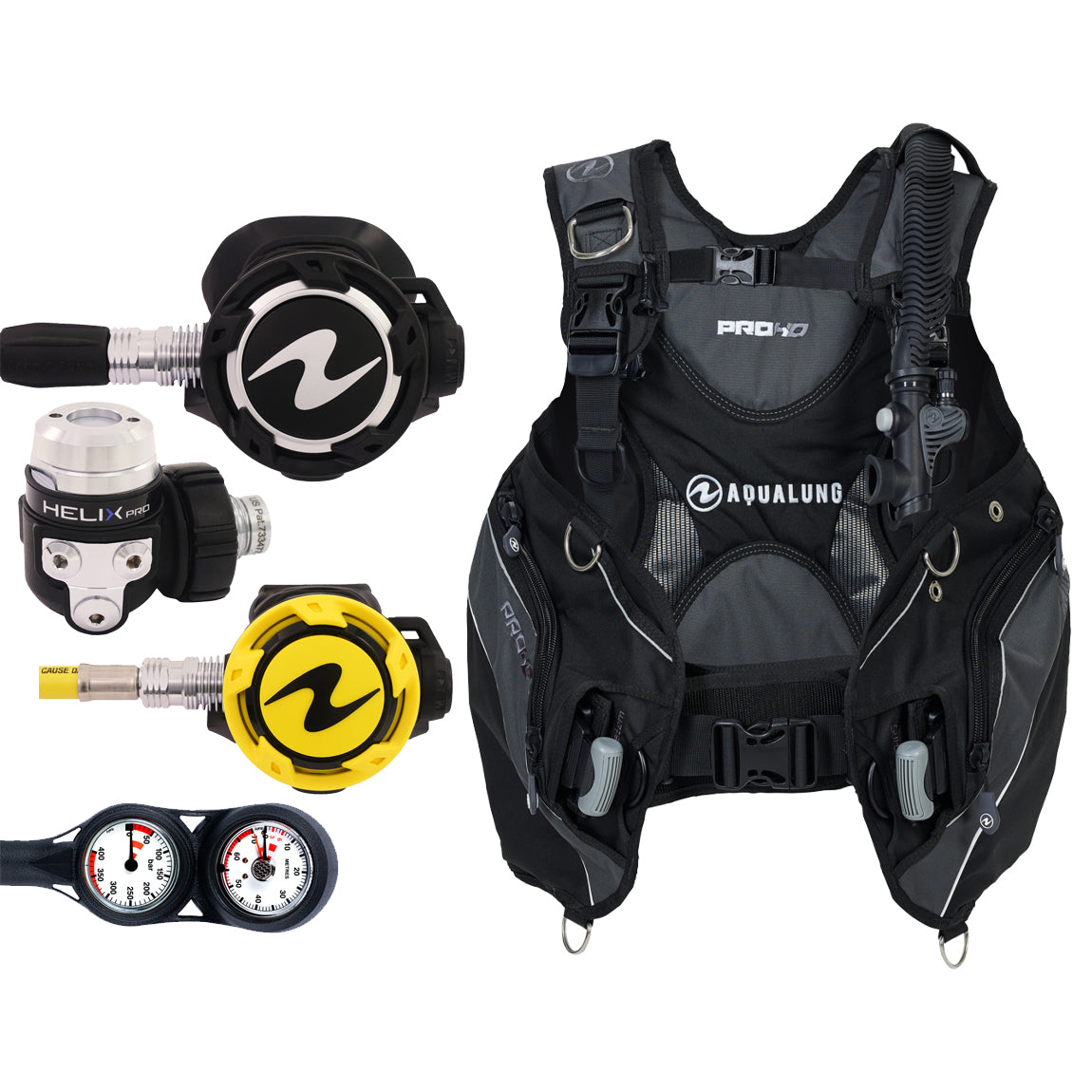 Component montage on white: the Aqua Lung Helix Pro regulator, the yellow Helix octopus and a twin-dial Combo 2K console, beside the Pro HD Men buoyancy compensator in black and grey.