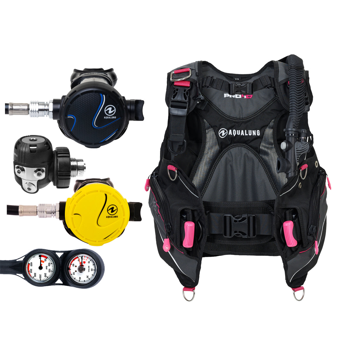 Component montage on white: the Aqua Lung Titan regulator, the yellow Titan octopus and a twin-dial Combo 2K console, beside the Pro HD Women buoyancy compensator in black with pink trim.